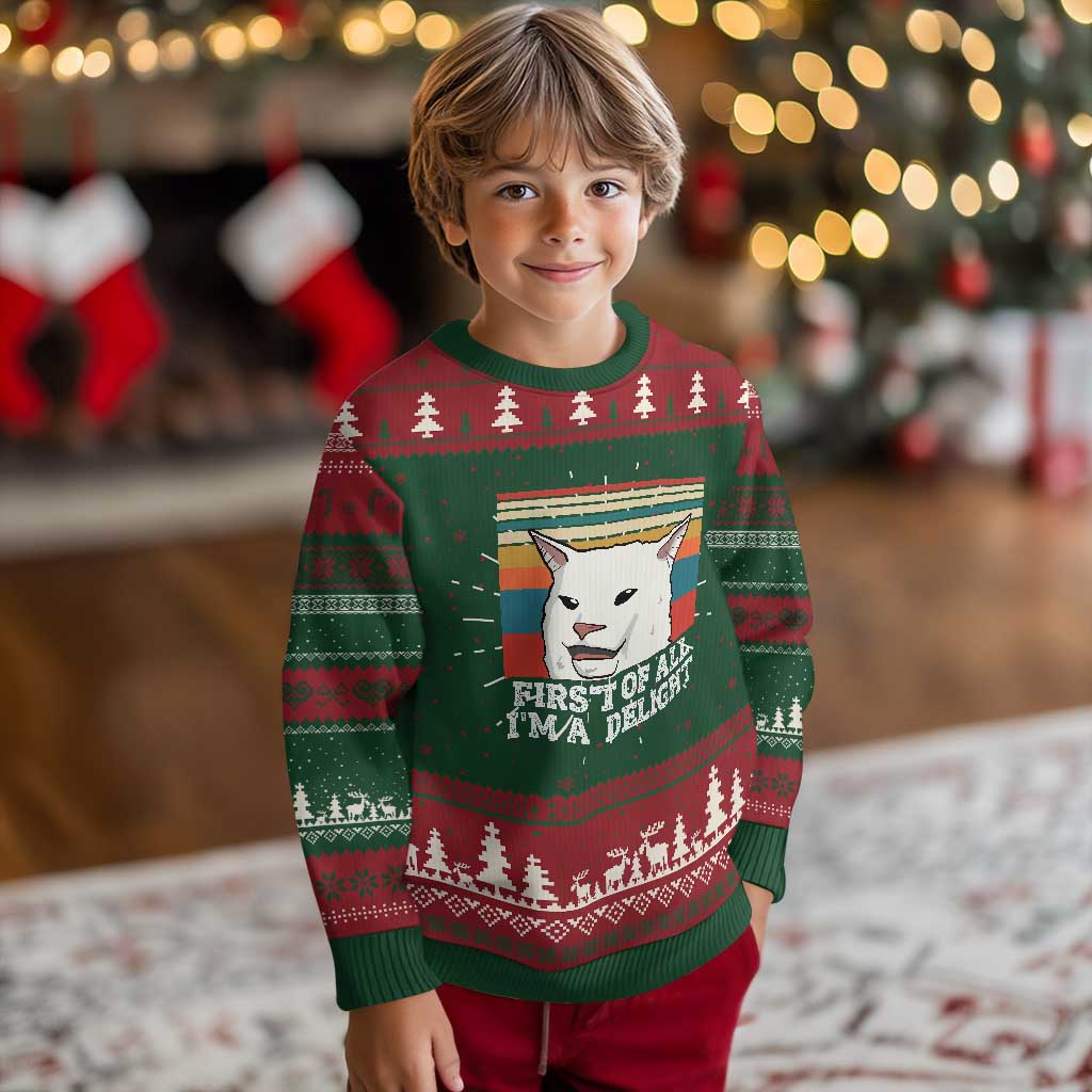 Cat Meme Knit Sweatshirt First Of All I'm A Delight Sarcastic Angry Cat TS10 Christmas Print Your Wear