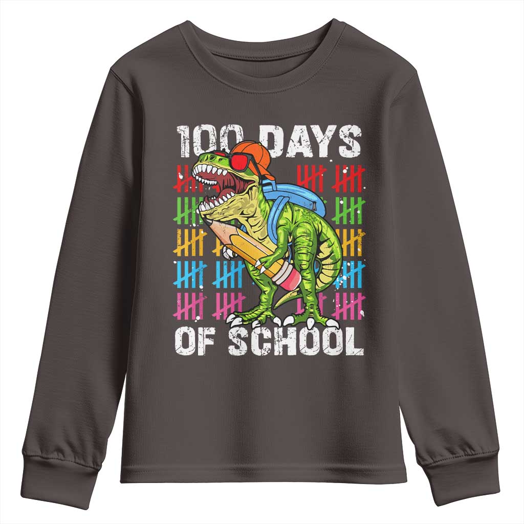 100th Day Of School Youth Sweatshirt 100 Days Dino Dinosaur TS10 Dark Chocolate Print Your Wear