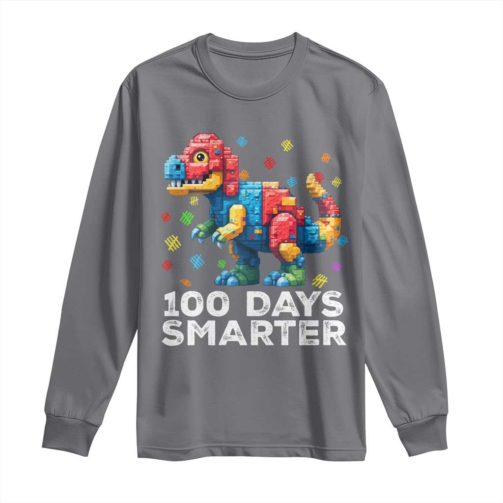 Dinosaur 100 Days Smarter Long Sleeve Shirt Building Bricks Dinosaur 100th Day Kids TS10 Charcoal Print Your Wear