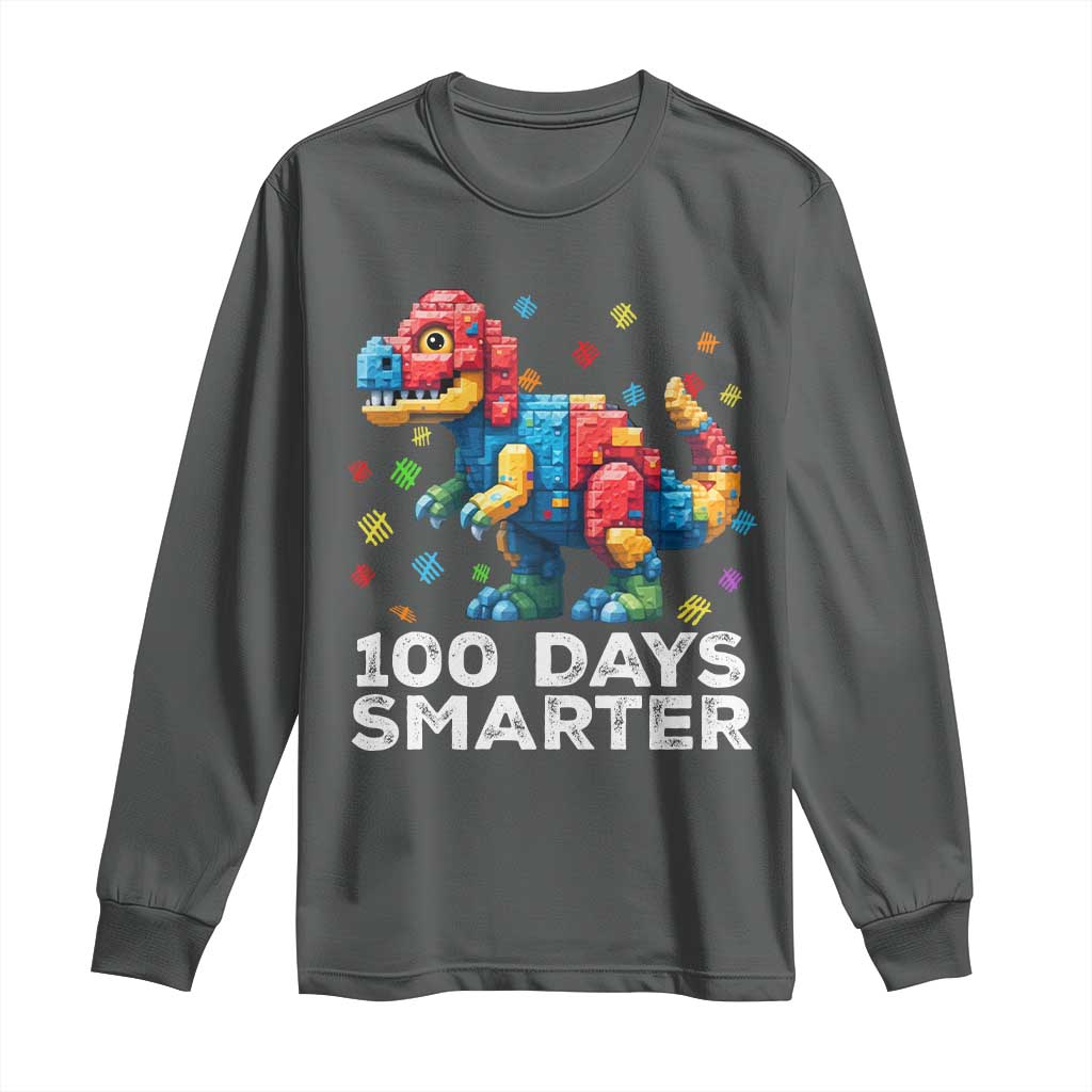 Dinosaur 100 Days Smarter Long Sleeve Shirt Building Bricks Dinosaur 100th Day Kids TS10 Dark Heather Print Your Wear