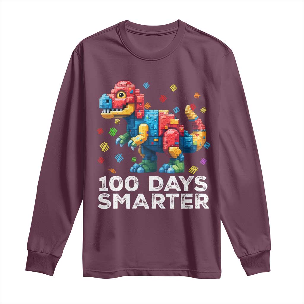 Dinosaur 100 Days Smarter Long Sleeve Shirt Building Bricks Dinosaur 100th Day Kids TS10 Maroon Print Your Wear
