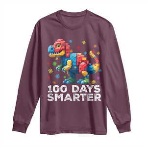 Dinosaur 100 Days Smarter Long Sleeve Shirt Building Bricks Dinosaur 100th Day Kids TS10 Maroon Print Your Wear