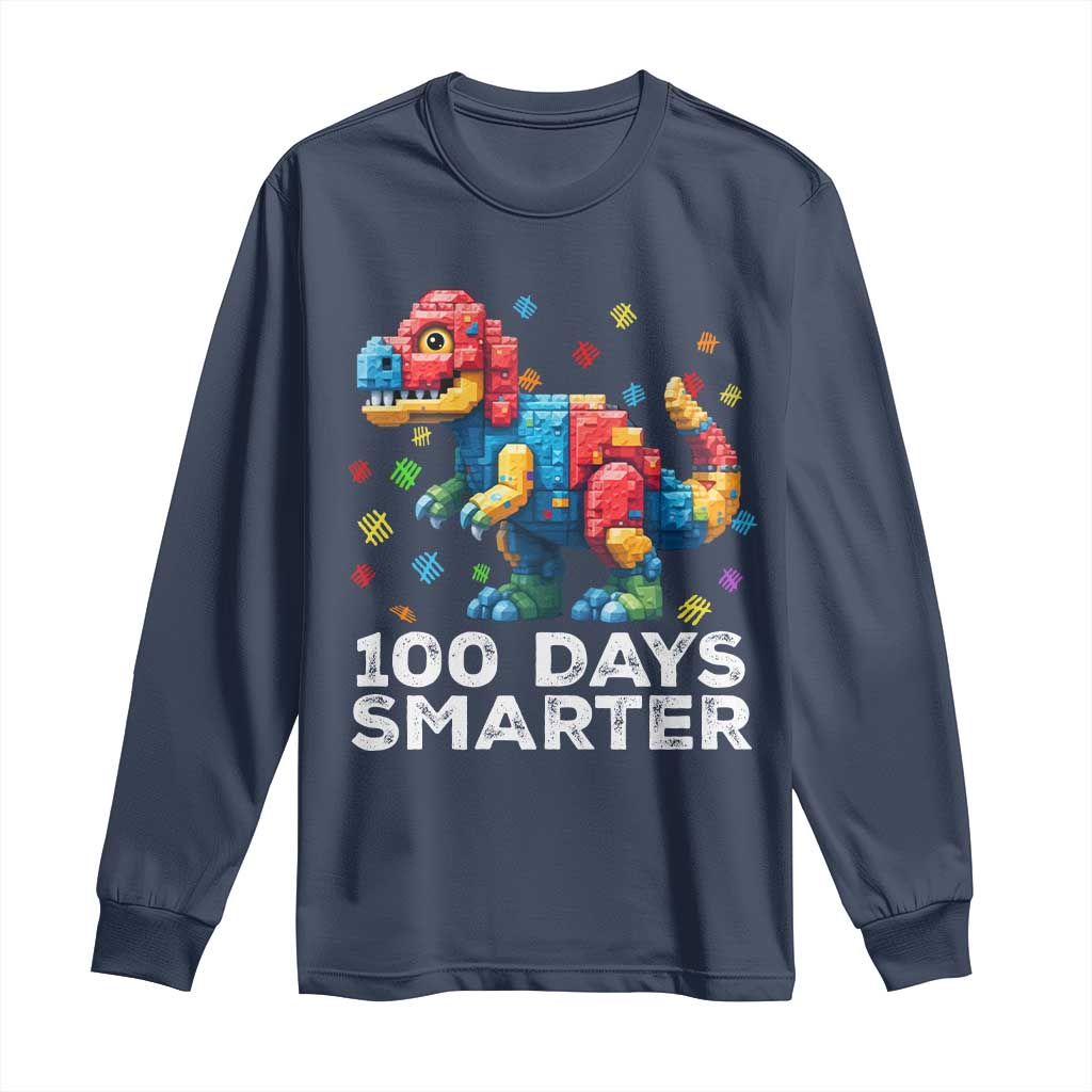 Dinosaur 100 Days Smarter Long Sleeve Shirt Building Bricks Dinosaur 100th Day Kids TS10 Navy Print Your Wear