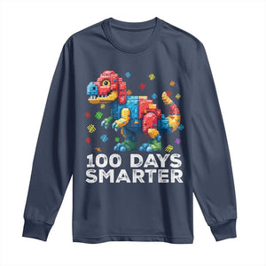 Dinosaur 100 Days Smarter Long Sleeve Shirt Building Bricks Dinosaur 100th Day Kids TS10 Navy Print Your Wear