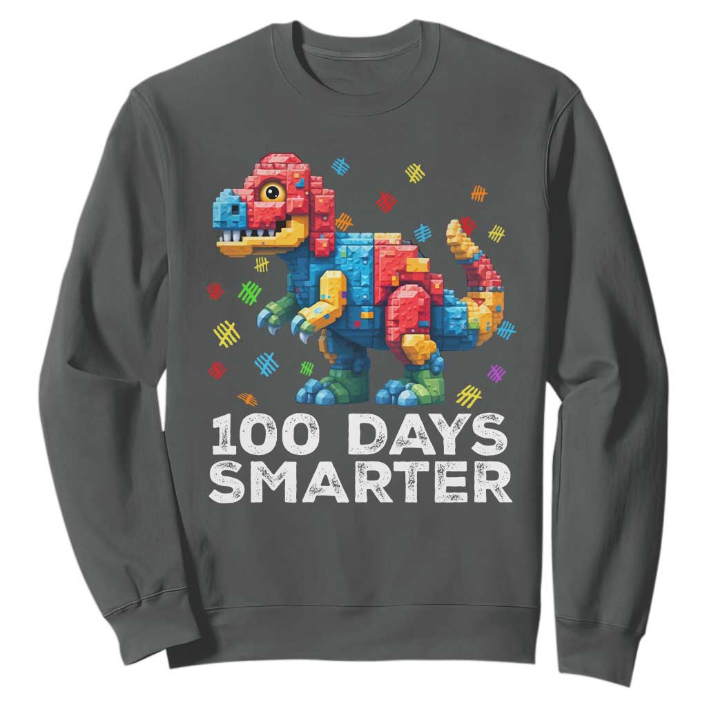Dinosaur 100 Days Smarter Sweatshirt Building Bricks Dinosaur 100th Day Kids TS10 Dark Heather Print Your Wear