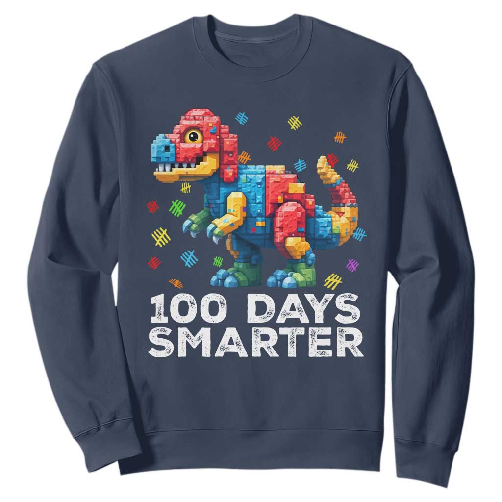 Dinosaur 100 Days Smarter Sweatshirt Building Bricks Dinosaur 100th Day Kids TS10 Navy Print Your Wear