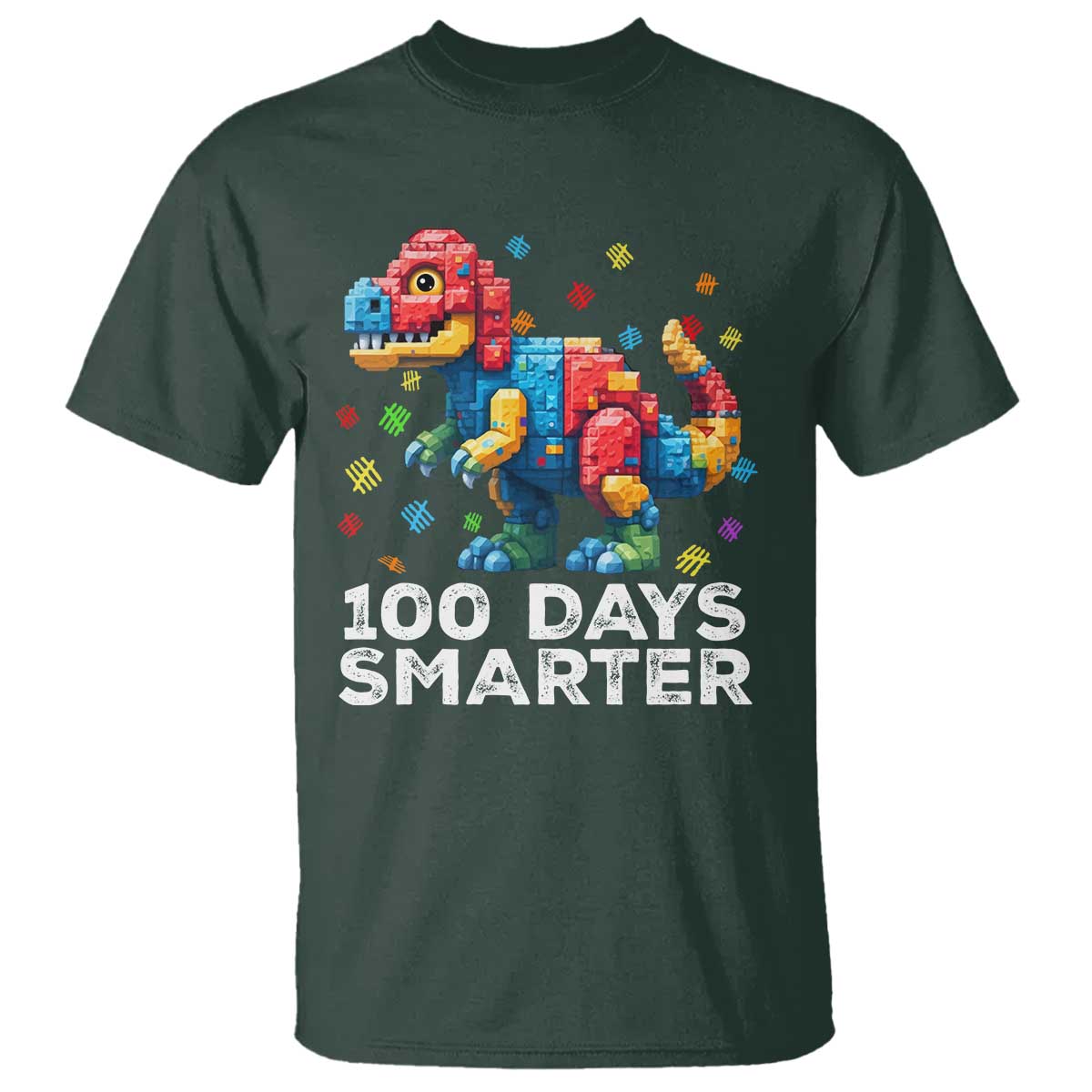 Dinosaur 100 Days Smarter T Shirt Building Bricks Dinosaur 100th Day Kids TS10 Dark Forest Green Print Your Wear