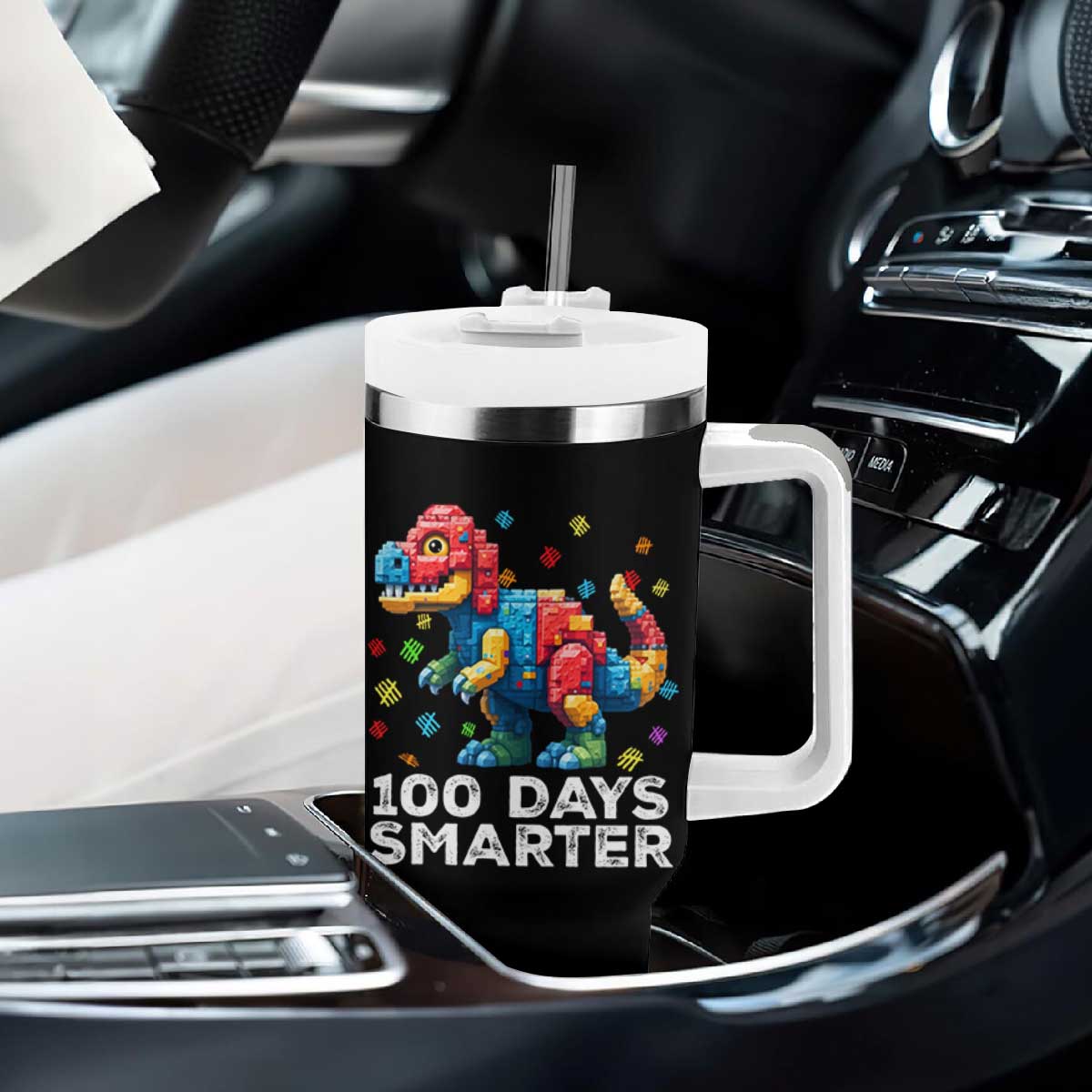Dinosaur 100 Days Smarter Tumbler With Handle Building Bricks Dinosaur 100th Day Kids TS10 Print Your Wear