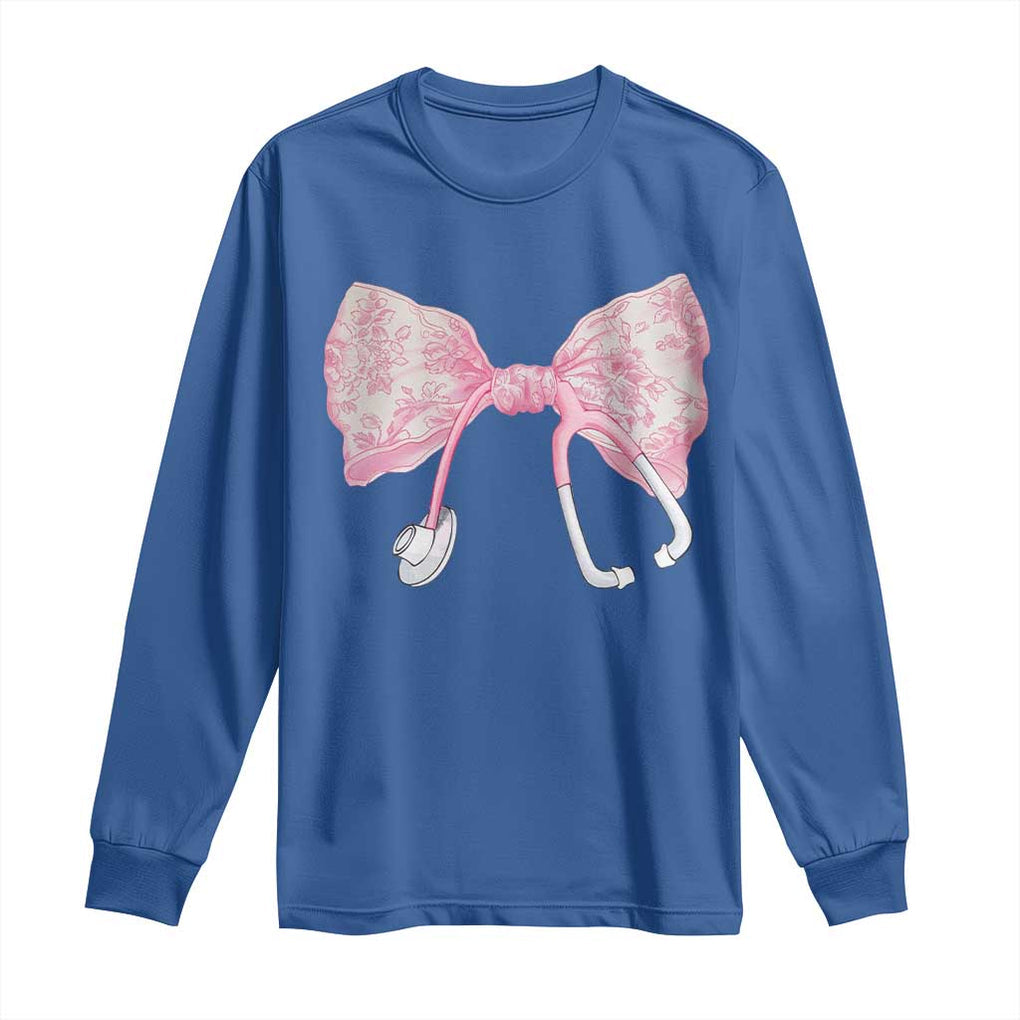 Pink Coquette Nurse Long Sleeve Shirt Toile de Jouy Stethoscope Bow TS10 Royal Blue Print Your Wear