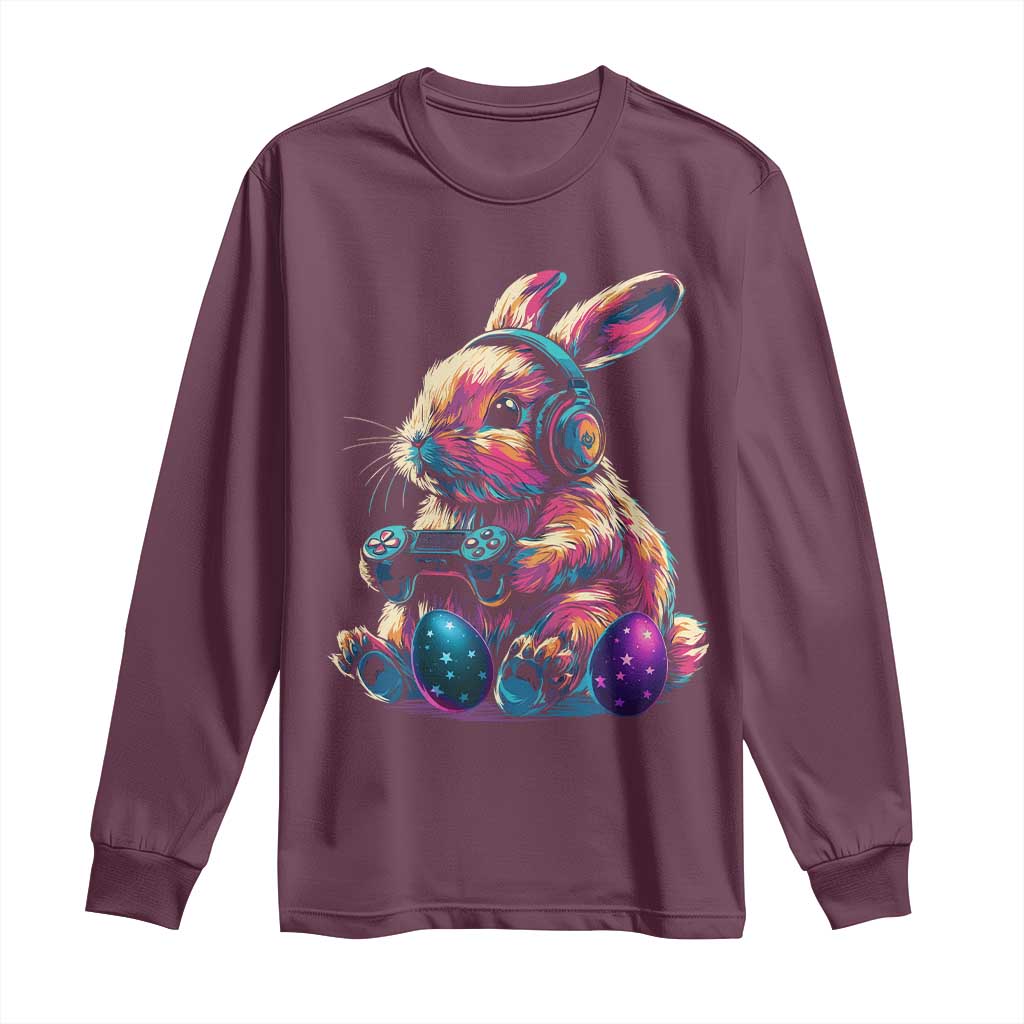 Gamer Rabbit Long Sleeve Shirt Cute Bunny Gaming Eggs Funny Video Games Easter TS10 Maroon Print Your Wear