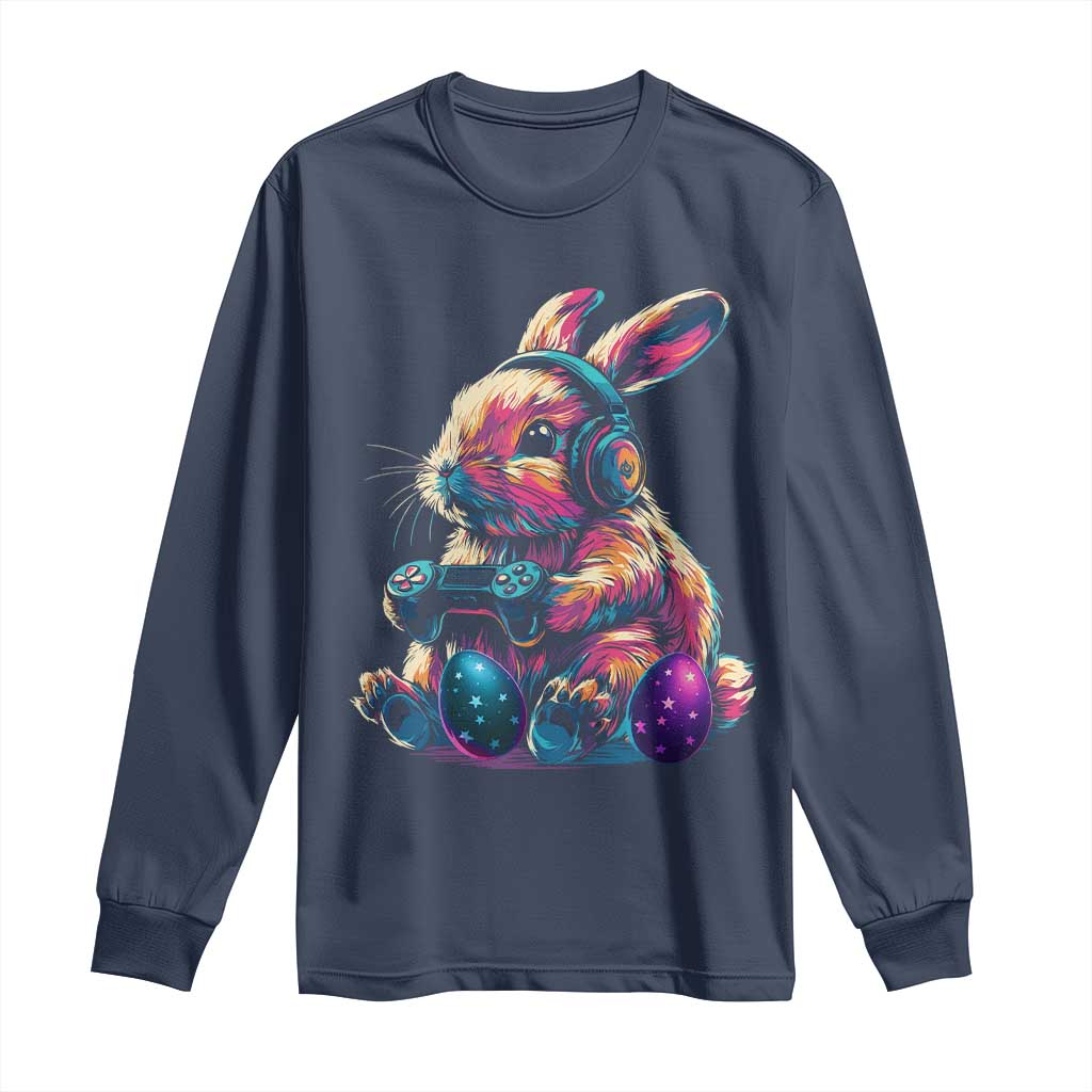 Gamer Rabbit Long Sleeve Shirt Cute Bunny Gaming Eggs Funny Video Games Easter TS10 Navy Print Your Wear