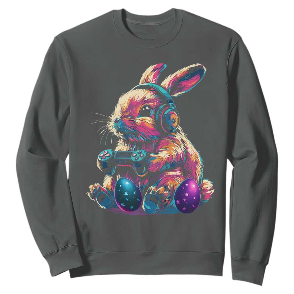 Gamer Rabbit Sweatshirt Cute Bunny Gaming Eggs Funny Video Games Easter TS10 Dark Heather Print Your Wear