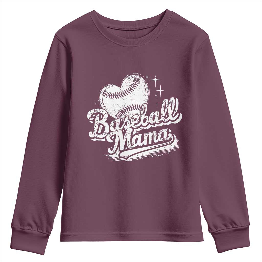 Baseball Mama Youth Sweatshirt Baseball Season Mom Raising Ballers TS10 Maroon Print Your Wear