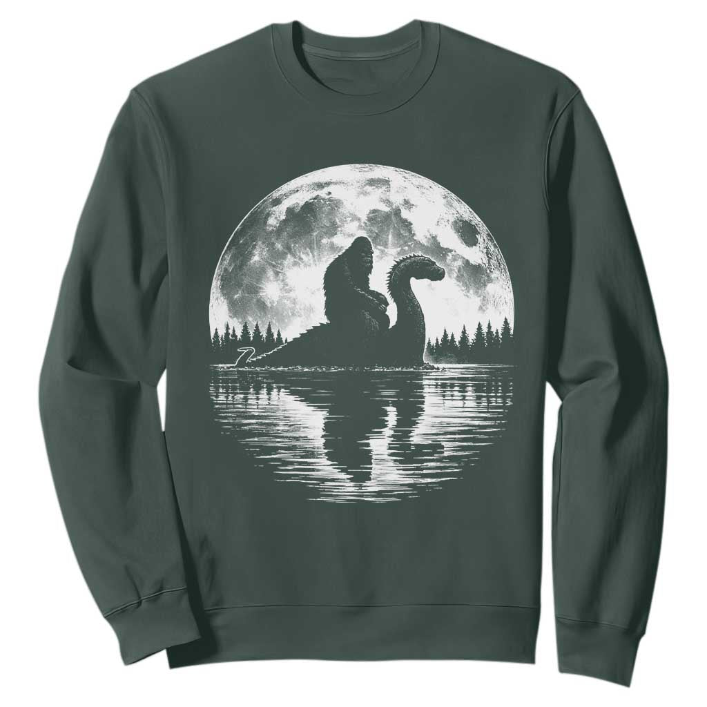 Funny Bigfoot Loch Ness Monster Sweatshirt Retro Sasquatch Nessie Funny Cryptid Moon TS10 Dark Forest Green Print Your Wear