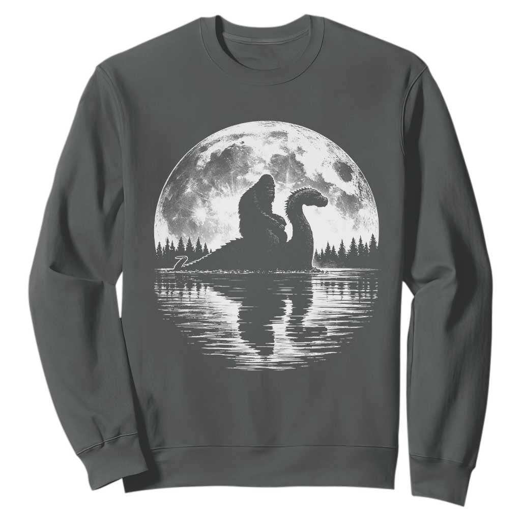 Funny Bigfoot Loch Ness Monster Sweatshirt Retro Sasquatch Nessie Funny Cryptid Moon TS10 Dark Heather Print Your Wear