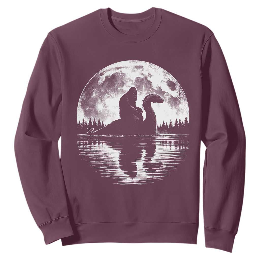 Funny Bigfoot Loch Ness Monster Sweatshirt Retro Sasquatch Nessie Funny Cryptid Moon TS10 Maroon Print Your Wear