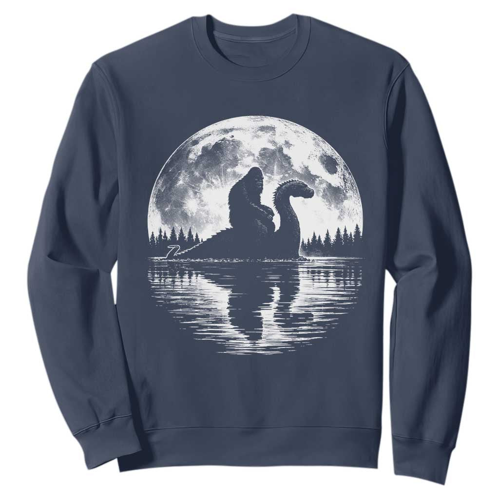 Funny Bigfoot Loch Ness Monster Sweatshirt Retro Sasquatch Nessie Funny Cryptid Moon TS10 Navy Print Your Wear