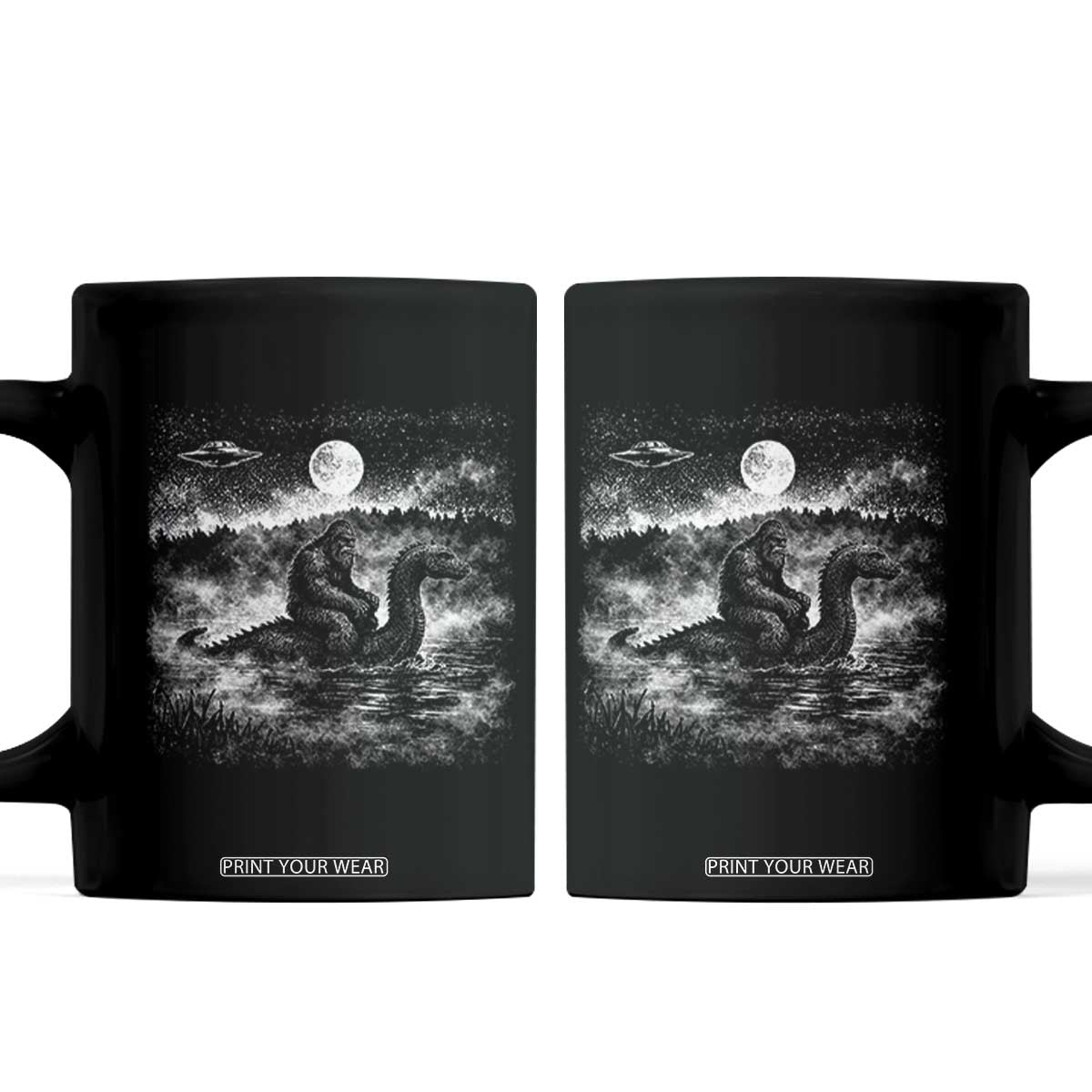 Bigfoot Loch Ness Monster Coffee Mug Funny Retro Sasquatch Nessie Funny Cryptid Vintage Graphic TS10 Black Print Your Wear