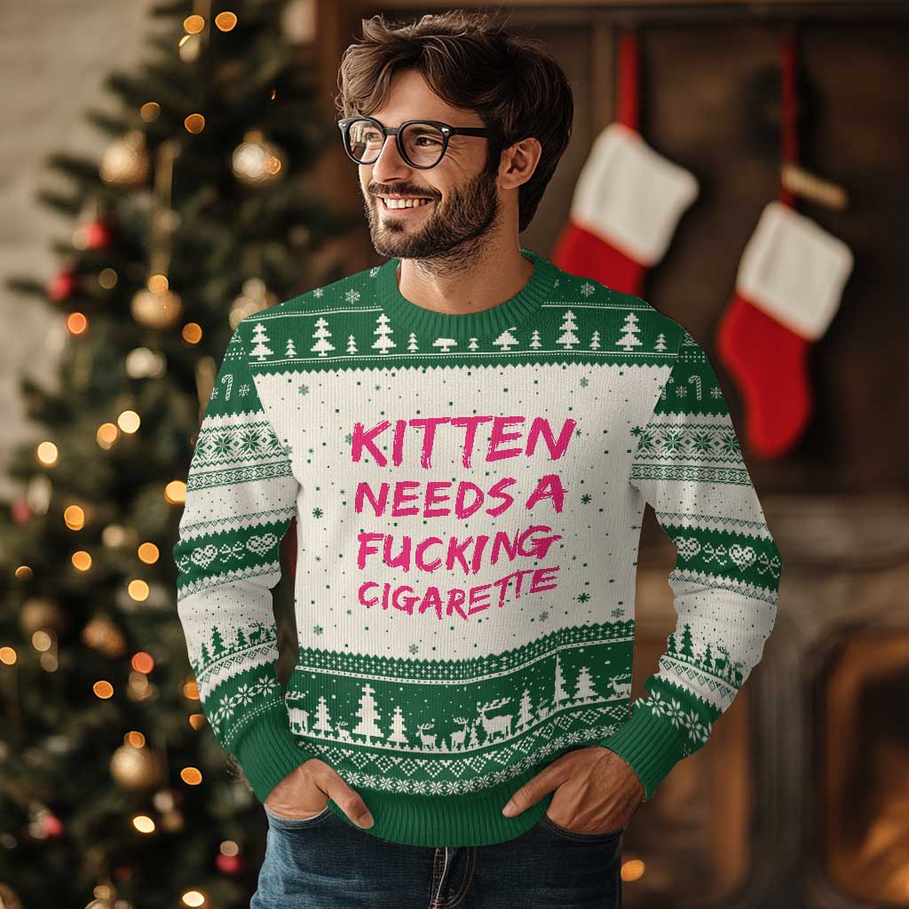 Kitten Needs A Fucking Cigarette Ugly Christmas Sweater Funny Cat Joke Cat Meme TS10 Beige Green Print Your Wear