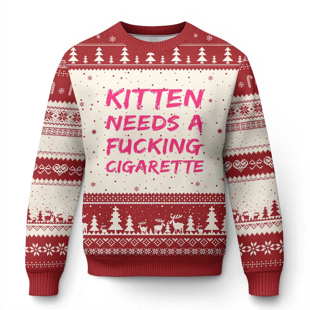 Kitten Needs A Fucking Cigarette Ugly Christmas Sweater Funny Cat Joke Cat Meme TS10 Beige Red Print Your Wear