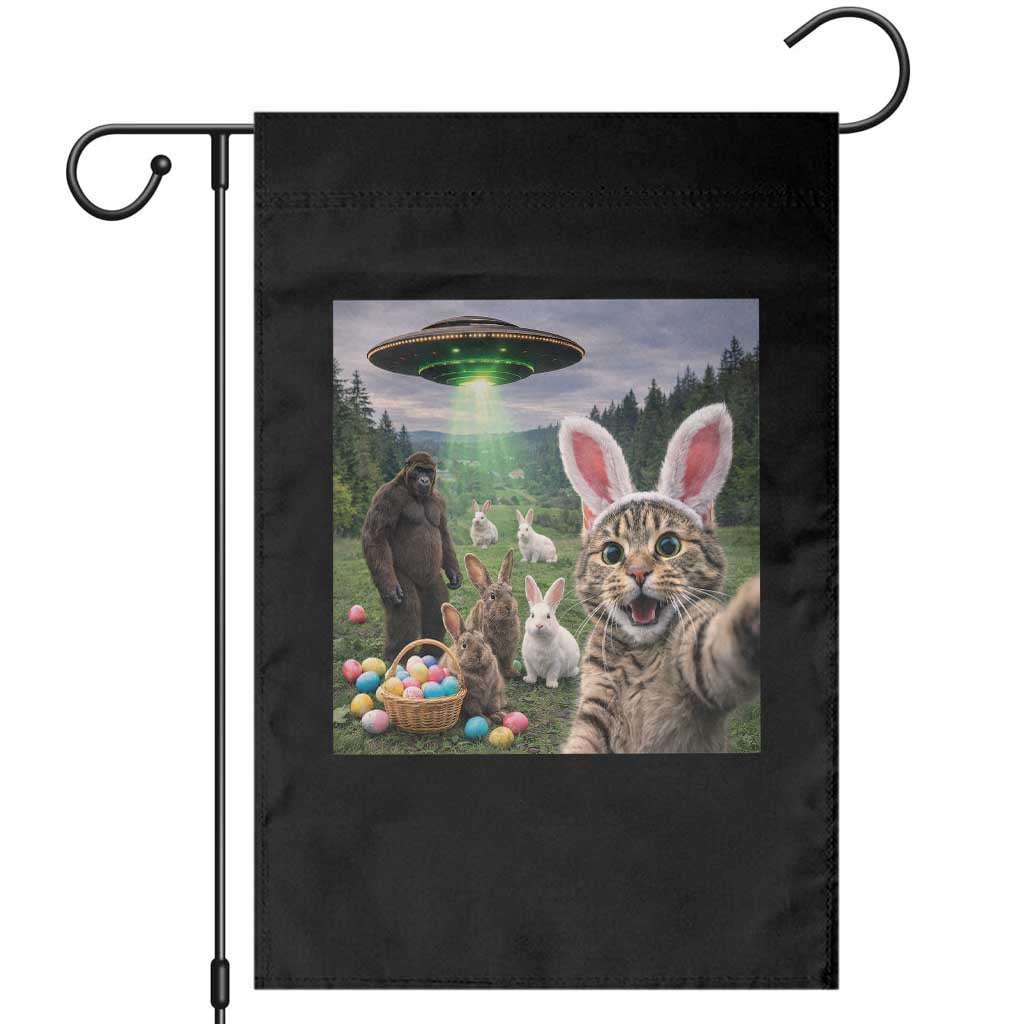 Funny Easter Day Garden Flag - Cat Selfie With Bunny - Bigfoot UFO Bunny Egg TS10 Black Print Your Wear