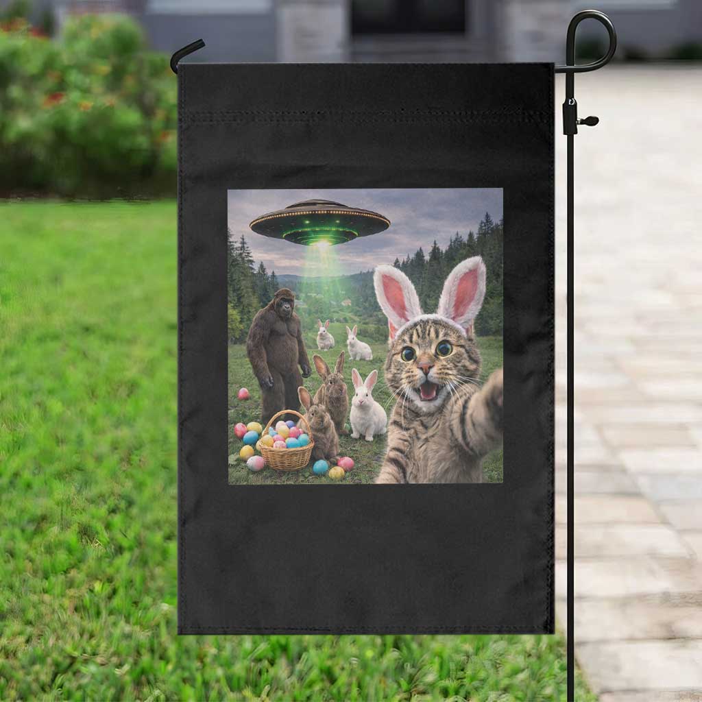 Funny Easter Day Garden Flag - Cat Selfie With Bunny - Bigfoot UFO Bunny Egg TS10 Print Your Wear