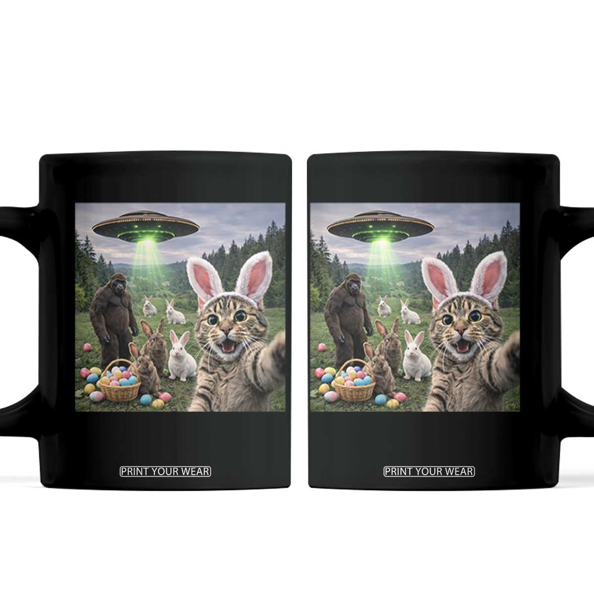 Funny Easter Day Coffee Mug Cat Selfie With Bunny Bigfoot UFO Bunny Egg TS10 Black Print Your Wear