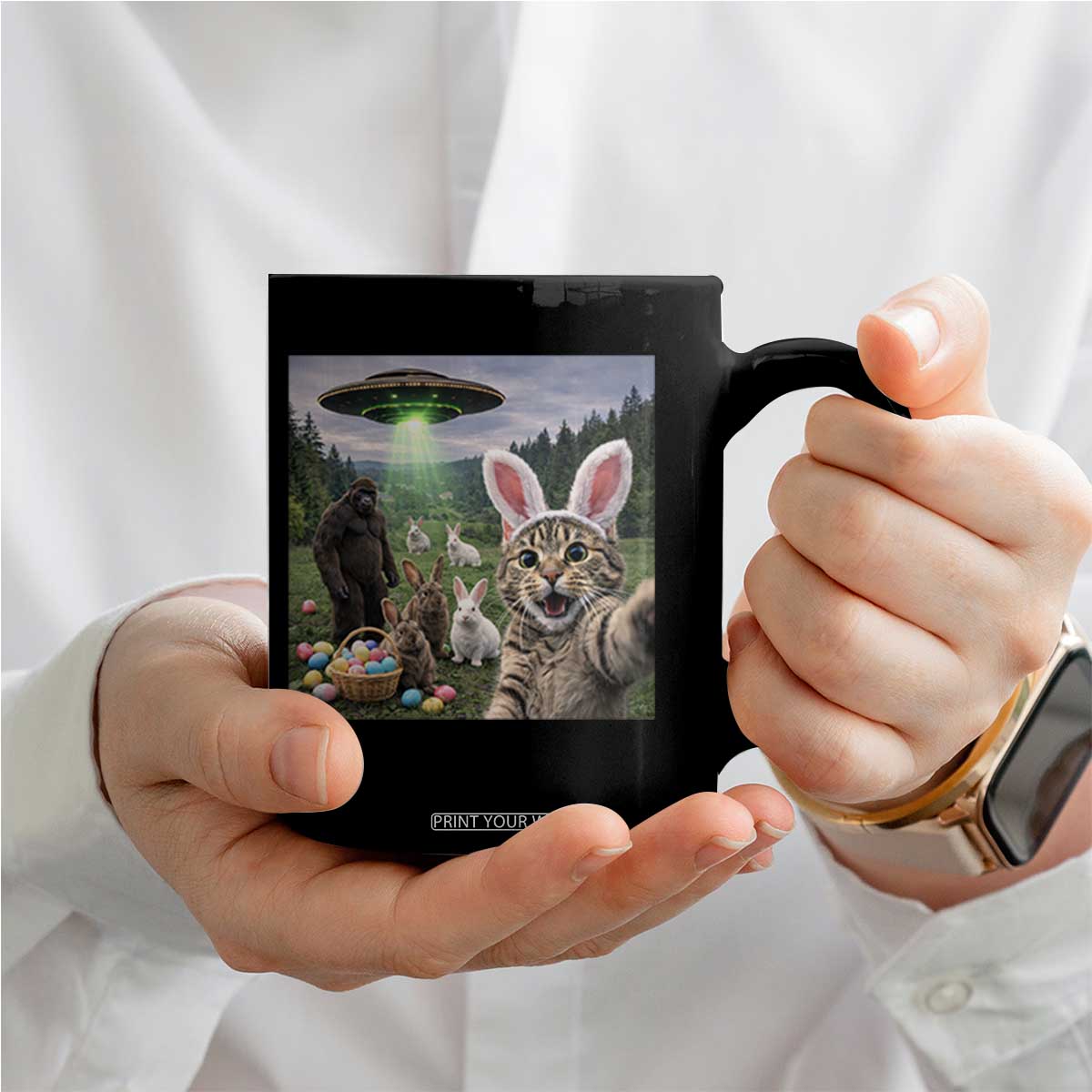 Funny Easter Day Coffee Mug Cat Selfie With Bunny Bigfoot UFO Bunny Egg TS10 Print Your Wear