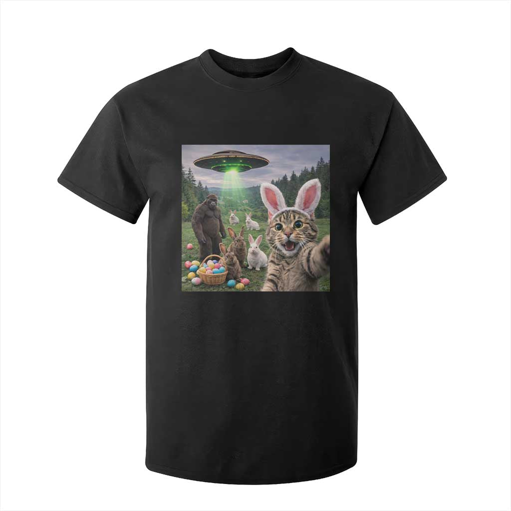 Funny Easter Day T Shirt For Kid Cat Selfie With Bunny Bigfoot UFO Bunny Egg TS10 Black Print Your Wear