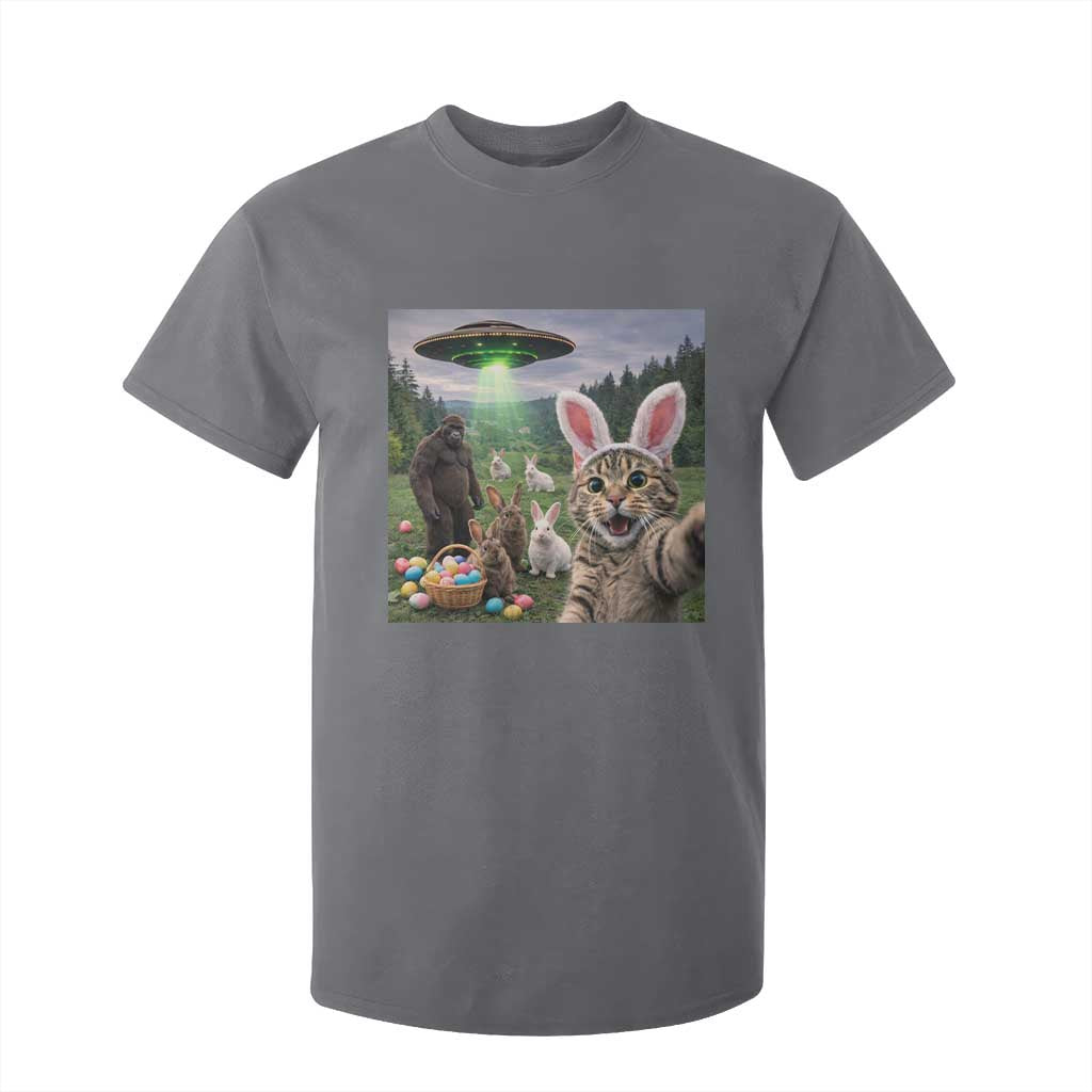 Funny Easter Day T Shirt For Kid Cat Selfie With Bunny Bigfoot UFO Bunny Egg TS10 Charcoal Print Your Wear