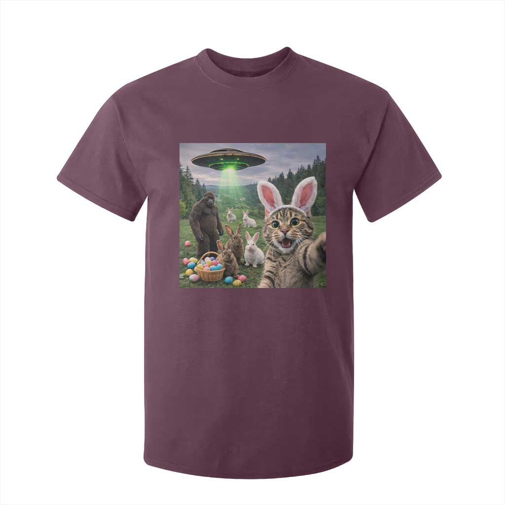 Funny Easter Day T Shirt For Kid Cat Selfie With Bunny Bigfoot UFO Bunny Egg TS10 Maroon Print Your Wear