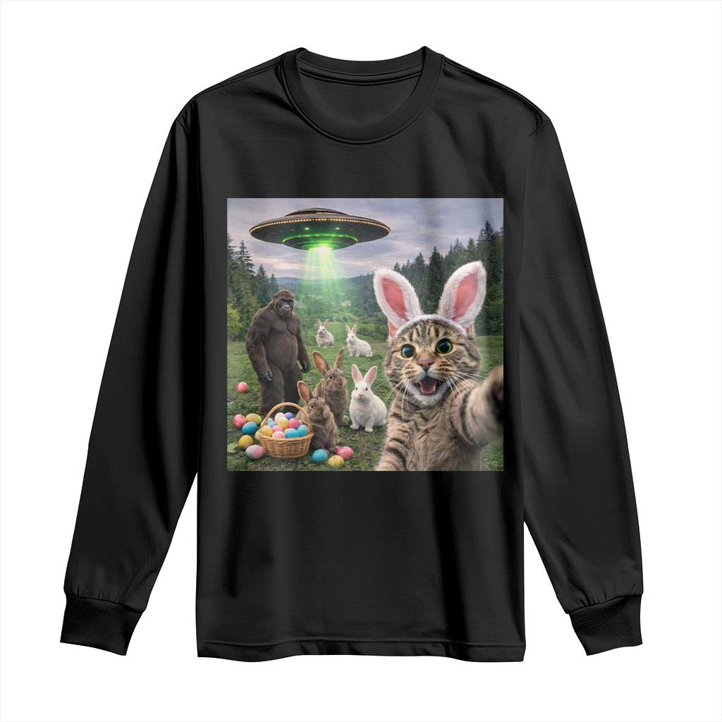 Funny Easter Day Long Sleeve Shirt Cat Selfie With Bunny Bigfoot UFO Bunny Egg TS10 Black Print Your Wear