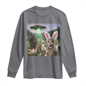 Funny Easter Day Long Sleeve Shirt Cat Selfie With Bunny Bigfoot UFO Bunny Egg TS10 Charcoal Print Your Wear