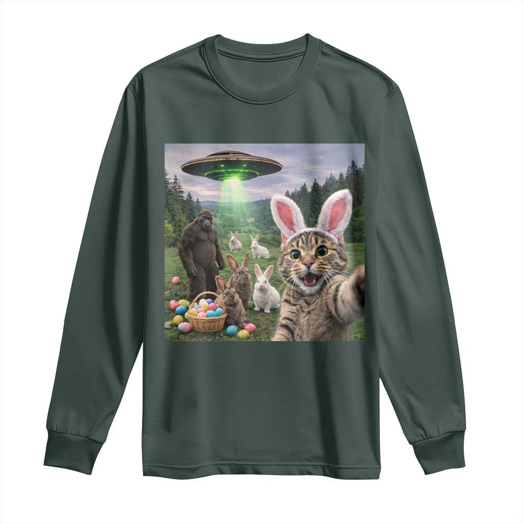 Funny Easter Day Long Sleeve Shirt Cat Selfie With Bunny Bigfoot UFO Bunny Egg TS10 Dark Forest Green Print Your Wear