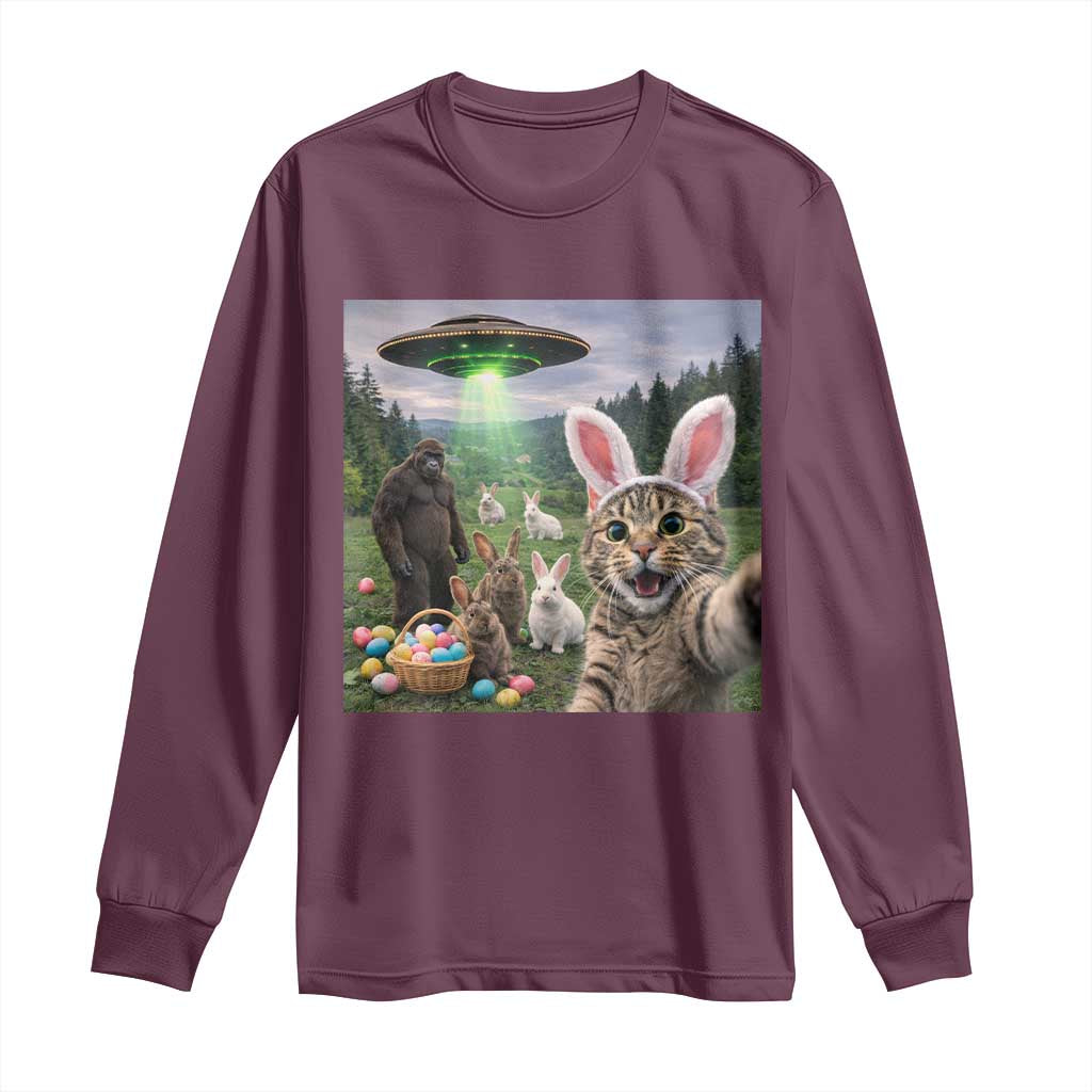 Funny Easter Day Long Sleeve Shirt Cat Selfie With Bunny Bigfoot UFO Bunny Egg TS10 Maroon Print Your Wear