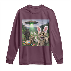 Funny Easter Day Long Sleeve Shirt Cat Selfie With Bunny Bigfoot UFO Bunny Egg TS10 Maroon Print Your Wear