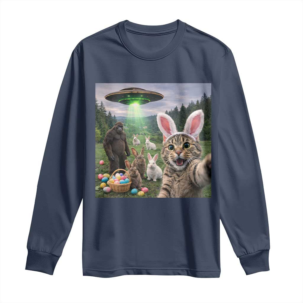 Funny Easter Day Long Sleeve Shirt Cat Selfie With Bunny Bigfoot UFO Bunny Egg TS10 Navy Print Your Wear