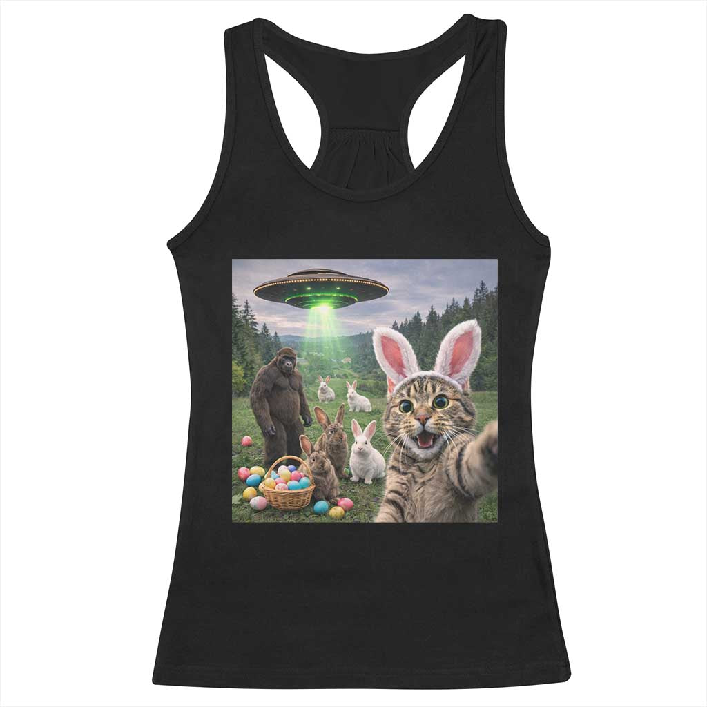 Funny Easter Day Racerback Tank Top Cat Selfie With Bunny Bigfoot UFO Bunny Egg TS10 Black Print Your Wear