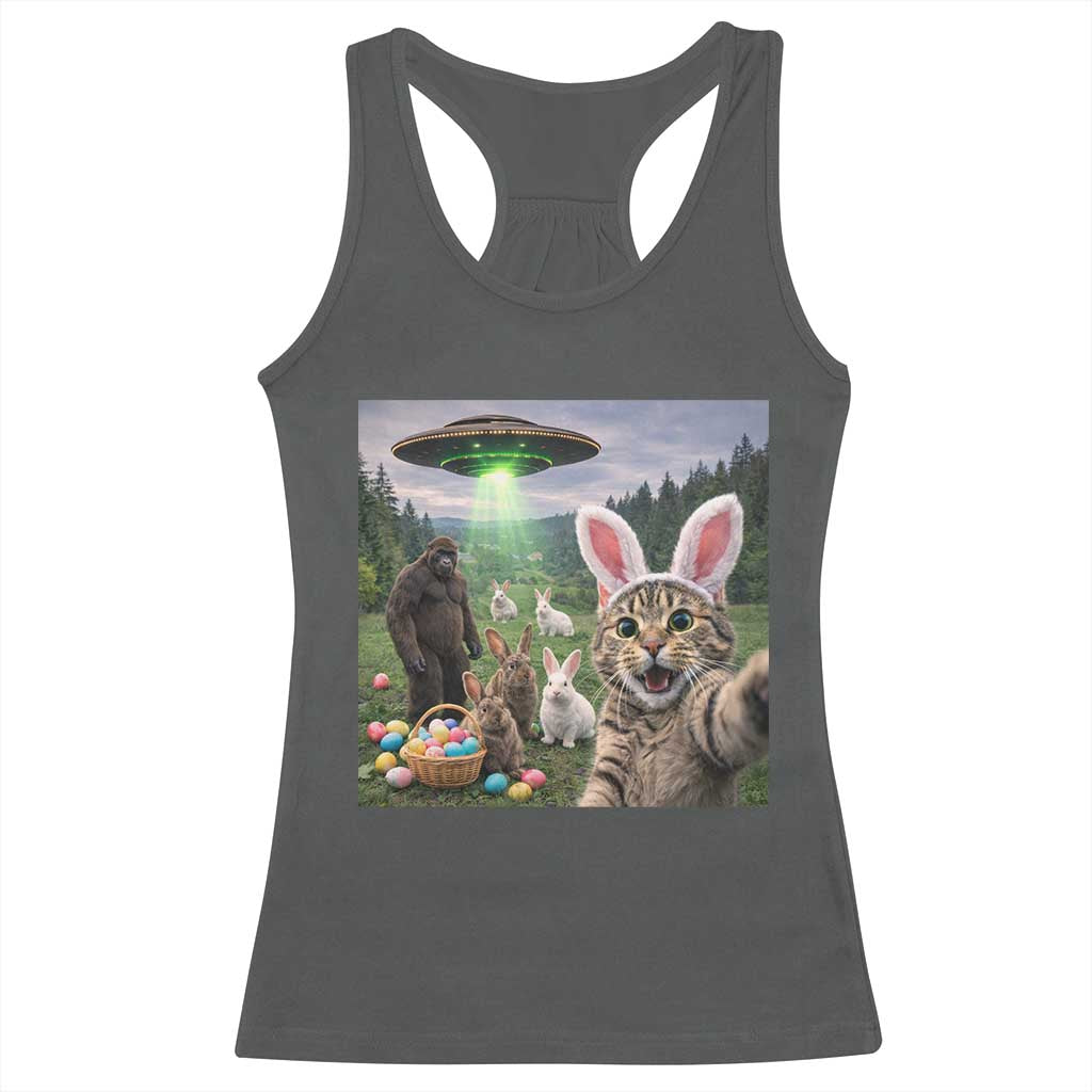 Funny Easter Day Racerback Tank Top Cat Selfie With Bunny Bigfoot UFO Bunny Egg TS10 Dark Heather Print Your Wear