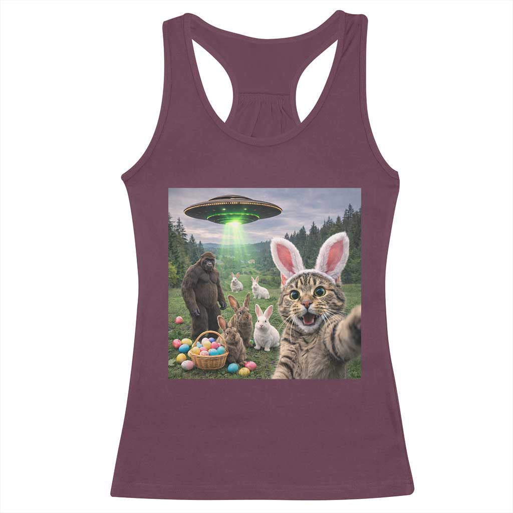 Funny Easter Day Racerback Tank Top Cat Selfie With Bunny Bigfoot UFO Bunny Egg TS10 Maroon Print Your Wear