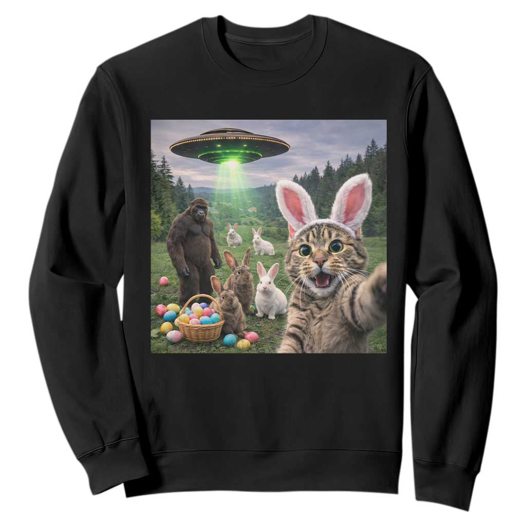 Funny Easter Day Sweatshirt Cat Selfie With Bunny Bigfoot UFO Bunny Egg TS10 Black Print Your Wear