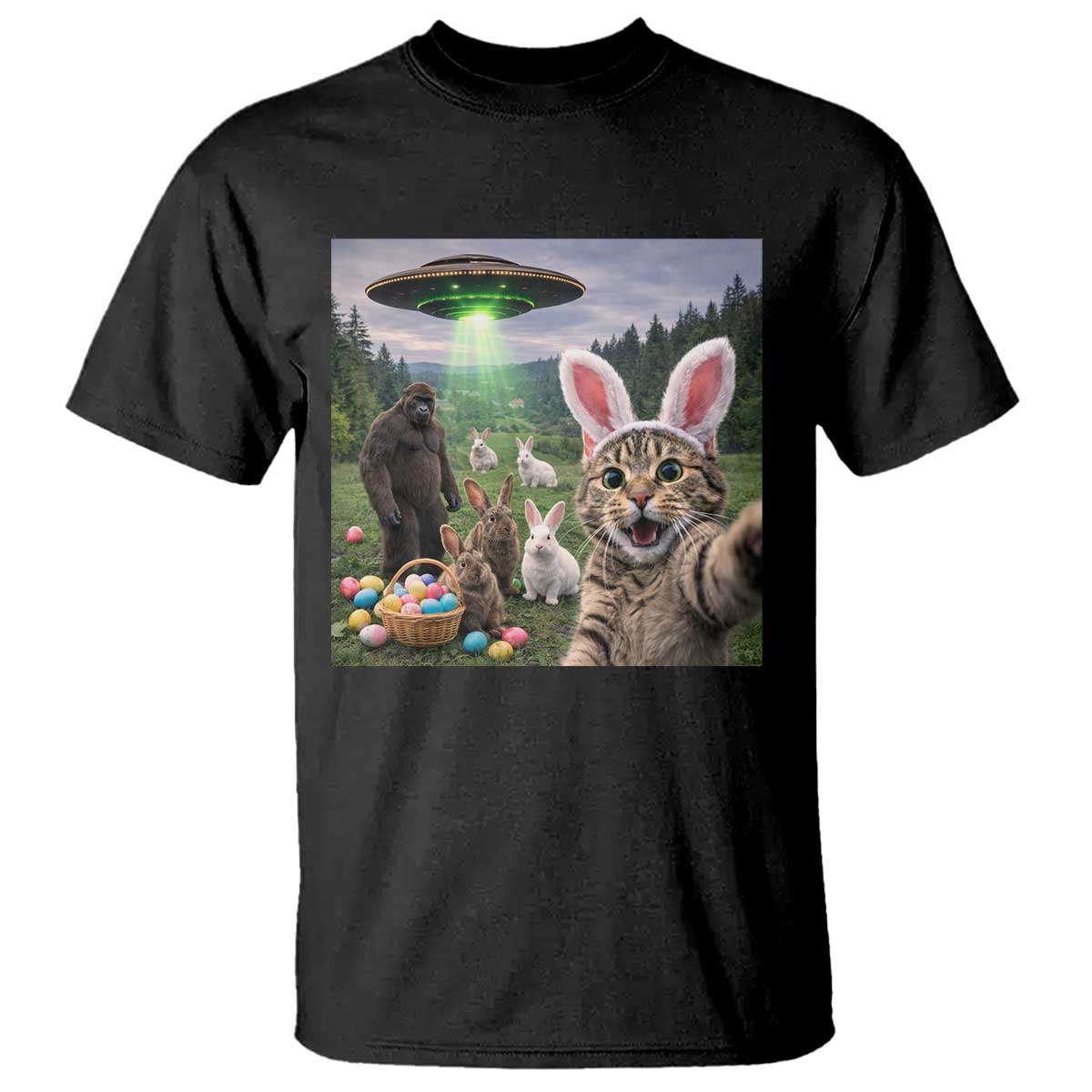 Funny Easter Day T Shirt Cat Selfie With Bunny Bigfoot UFO Bunny Egg TS10 Black Print Your Wear