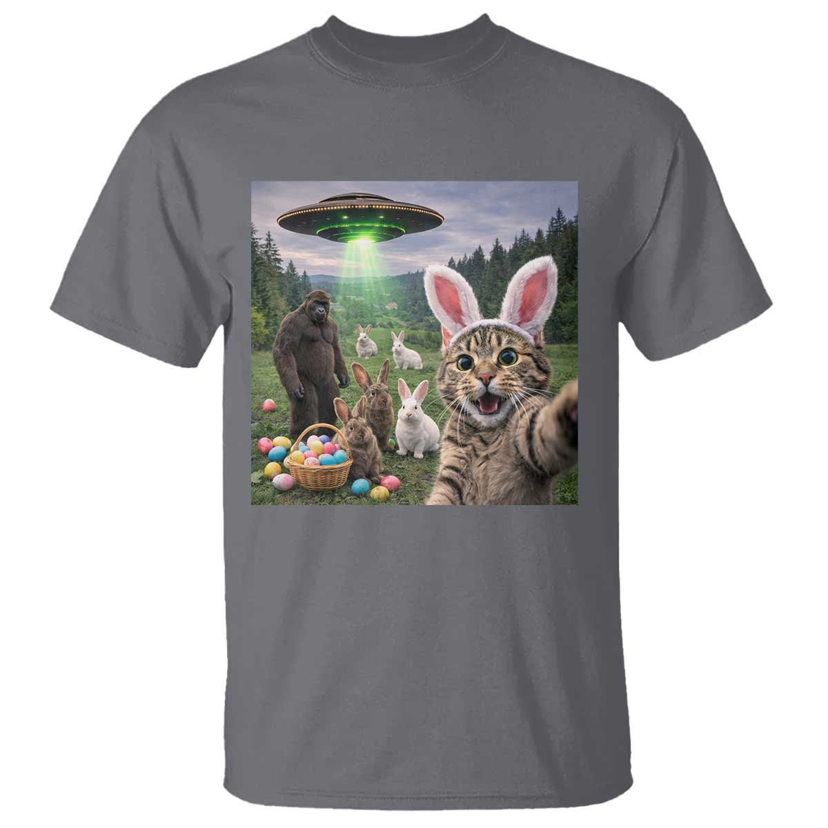 Funny Easter Day T Shirt Cat Selfie With Bunny Bigfoot UFO Bunny Egg TS10 Charcoal Print Your Wear