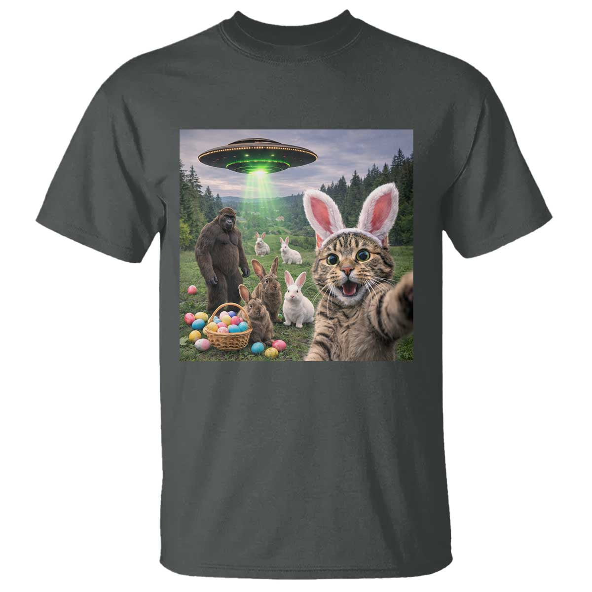 Funny Easter Day T Shirt Cat Selfie With Bunny Bigfoot UFO Bunny Egg TS10 Dark Heather Print Your Wear