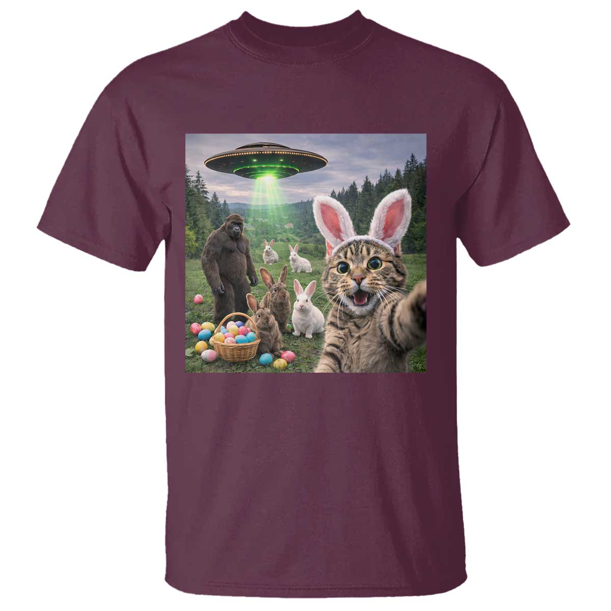 Funny Easter Day T Shirt Cat Selfie With Bunny Bigfoot UFO Bunny Egg TS10 Maroon Print Your Wear