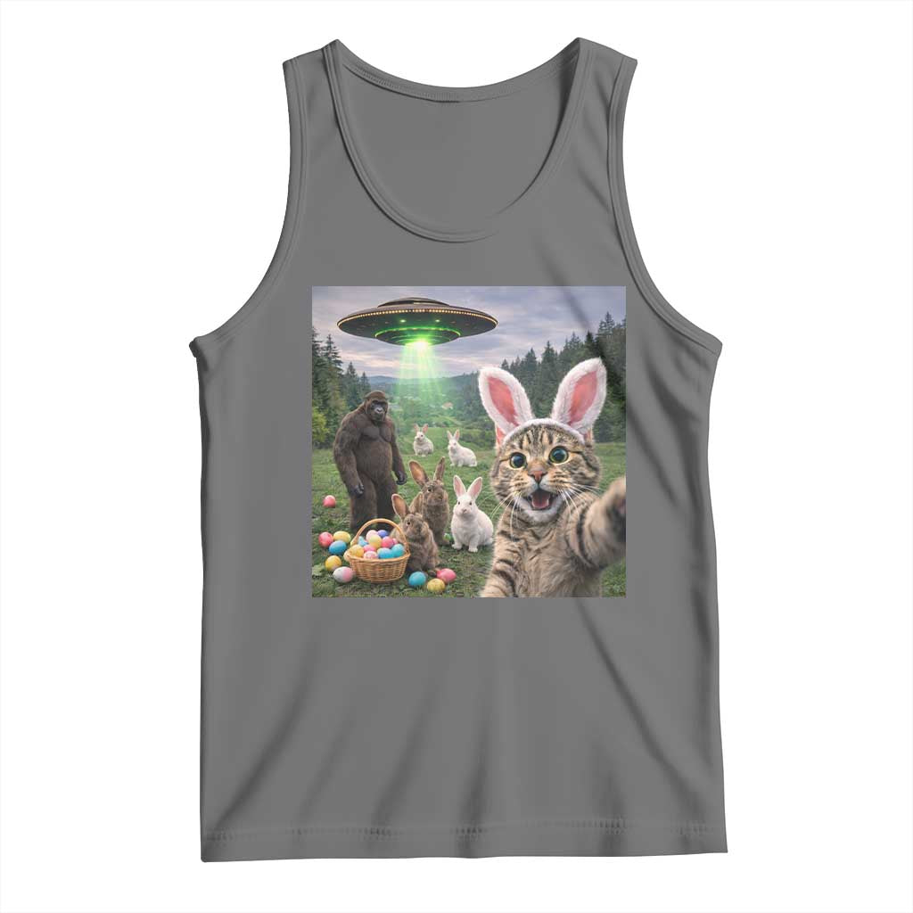 Funny Easter Day Tank Top Cat Selfie With Bunny Bigfoot UFO Bunny Egg TS10 Black Heather Print Your Wear