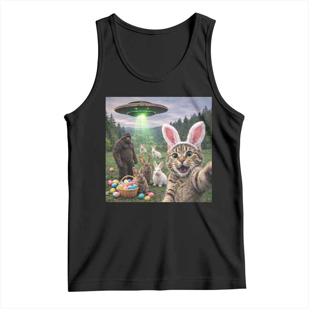 Funny Easter Day Tank Top Cat Selfie With Bunny Bigfoot UFO Bunny Egg TS10 Black Print Your Wear