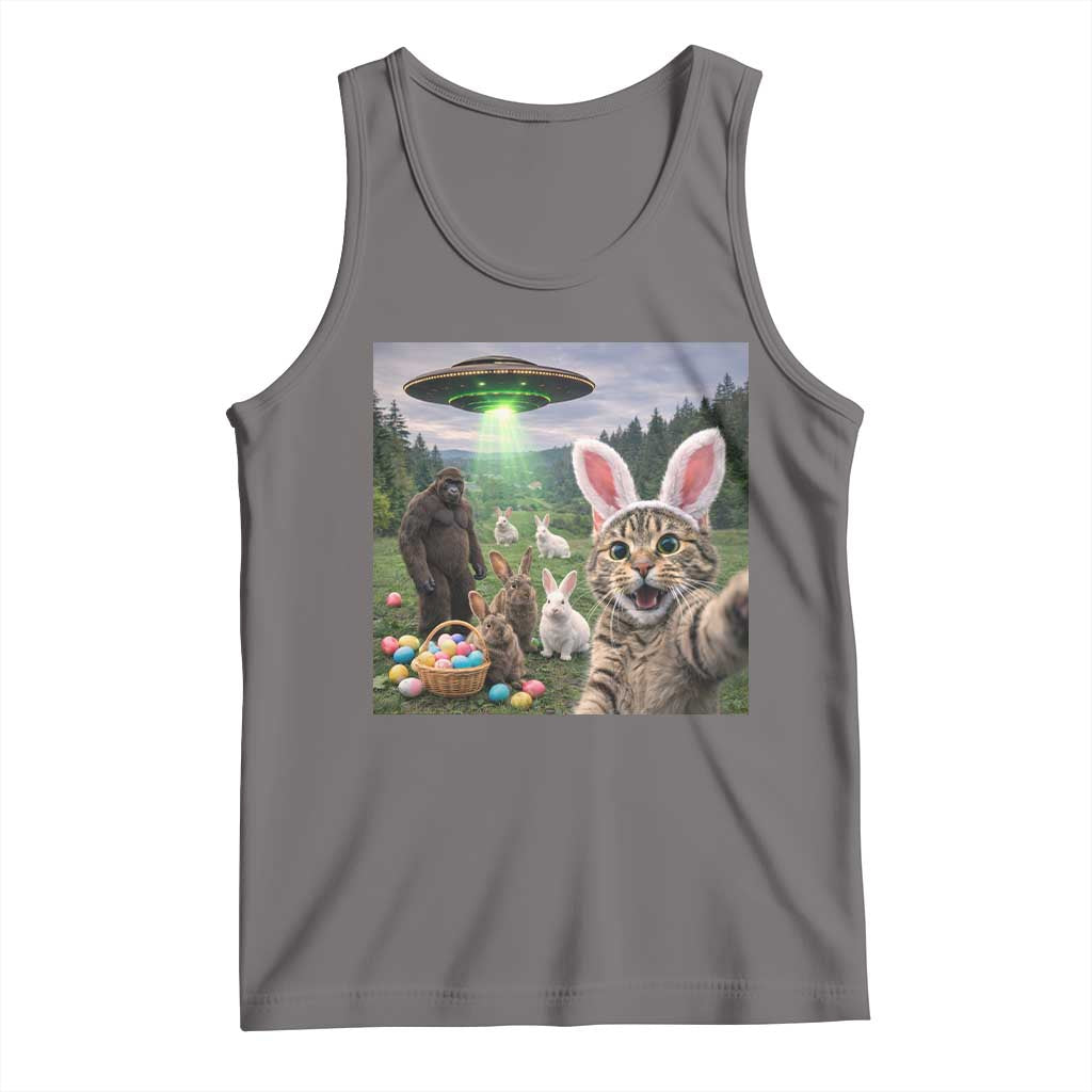 Funny Easter Day Tank Top Cat Selfie With Bunny Bigfoot UFO Bunny Egg TS10 Deep Heather Print Your Wear