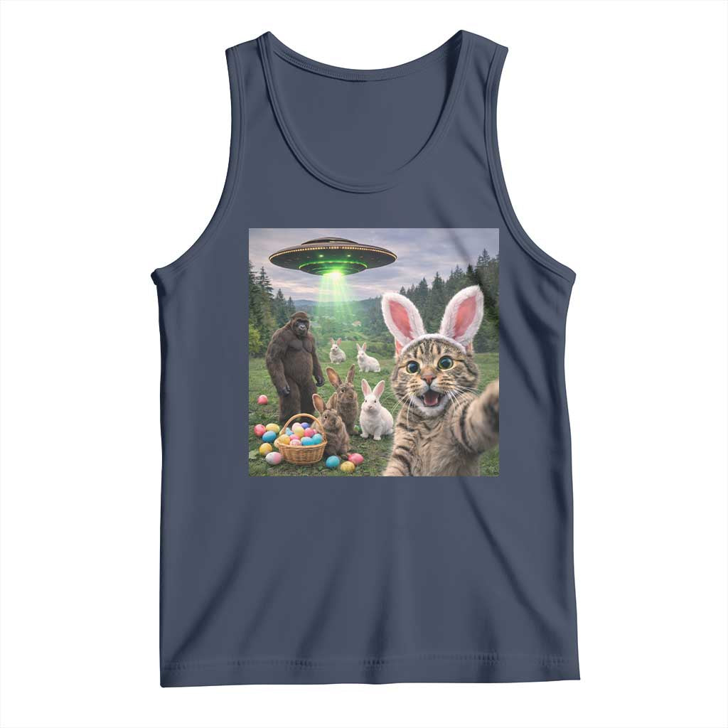 Funny Easter Day Tank Top Cat Selfie With Bunny Bigfoot UFO Bunny Egg TS10 Navy Print Your Wear