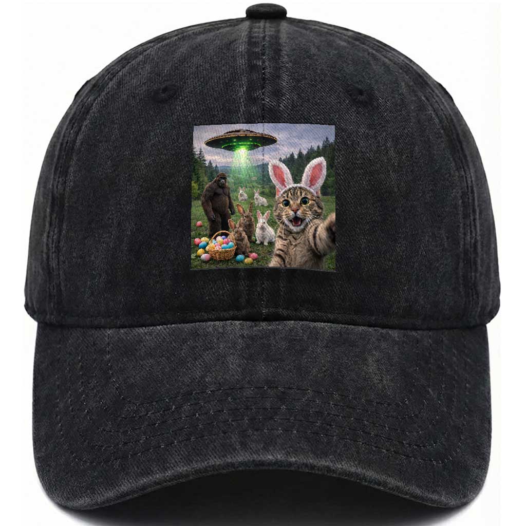 Funny Easter Day Washed Cotton Baseball Cap Cat Selfie With Bunny Bigfoot UFO Bunny Egg TS10 Washed Cap Universal Fit Black Print Your Wear